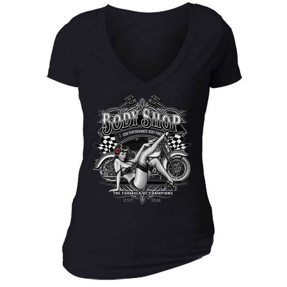 XtraFly Apparel Women's Body Shop Girl Biker Motorcycle V-neck Short Sleeve T-shirt