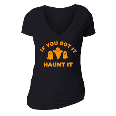 XtraFly Apparel Women's If You Got it Haunt it Ghost Halloween Pumpkin V-neck Short Sleeve T-shirt