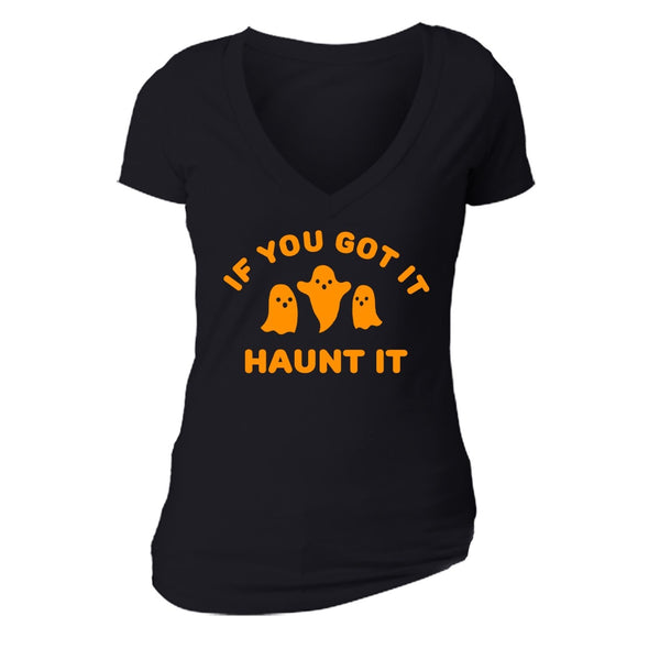 XtraFly Apparel Women's If You Got it Haunt it Ghost Halloween Pumpkin V-neck Short Sleeve T-shirt