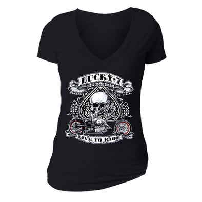 XtraFly Apparel Women's Lucky 7 Skull Live to Ride Biker Motorcycle V-neck Short Sleeve T-shirt