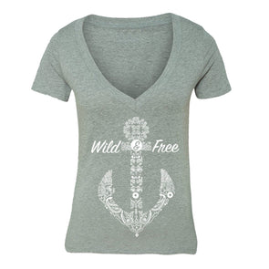 XtraFly Apparel Women's Wild Free Vacation Anchor Novelty Gag V-neck Short Sleeve T-shirt