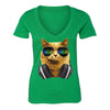 XtraFly Apparel Women's Cat DJ Headphones Animal Lover V-neck Short Sleeve T-shirt
