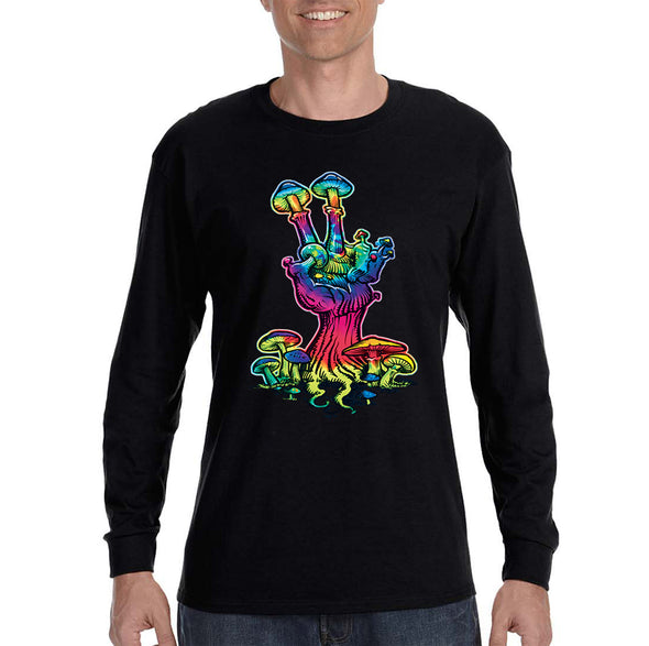 XtraFly Apparel Men&#39;s Neon Mushrooms Hand Portal MD Rave Dance Hippie Desert DJ Music Long Sleeve T-Shirt