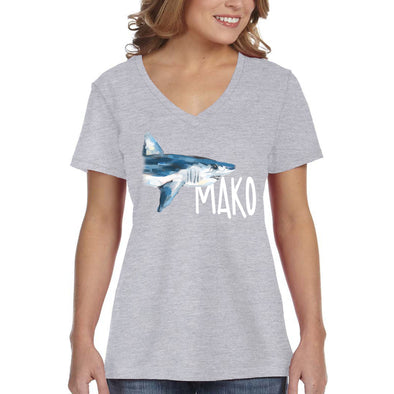 XtraFly Apparel Women&#39;s Mako Shark Great White Hammer Head Bull Tiger Fish Fishing Ocean Swim Diving Boating Fisherman Beach V-neck T-shirt