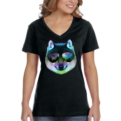 XtraFly Apparel Women's Night Wolf Pack Nature Zoo Cosmic Fox Wild Animal Forest Coyote Sunglasses Galaxy Beach Summer Party V-neck T-shirt
